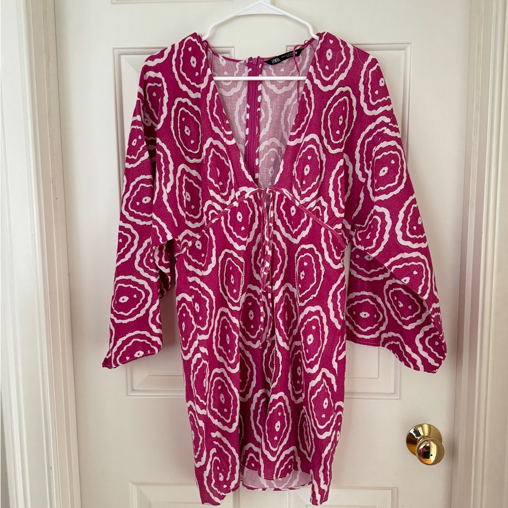 NWOT Zara Beaded Pink and White Tropical Dress